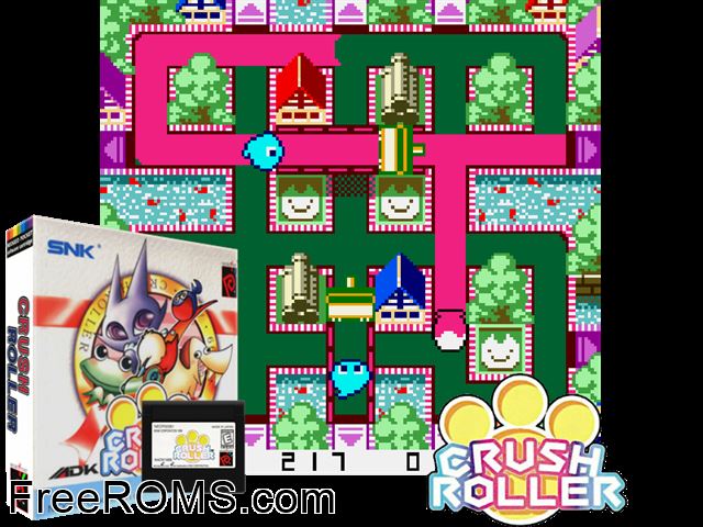 Crush Roller alt NeoGeo Pocket game showing 3D box cover and gameplay screenshot